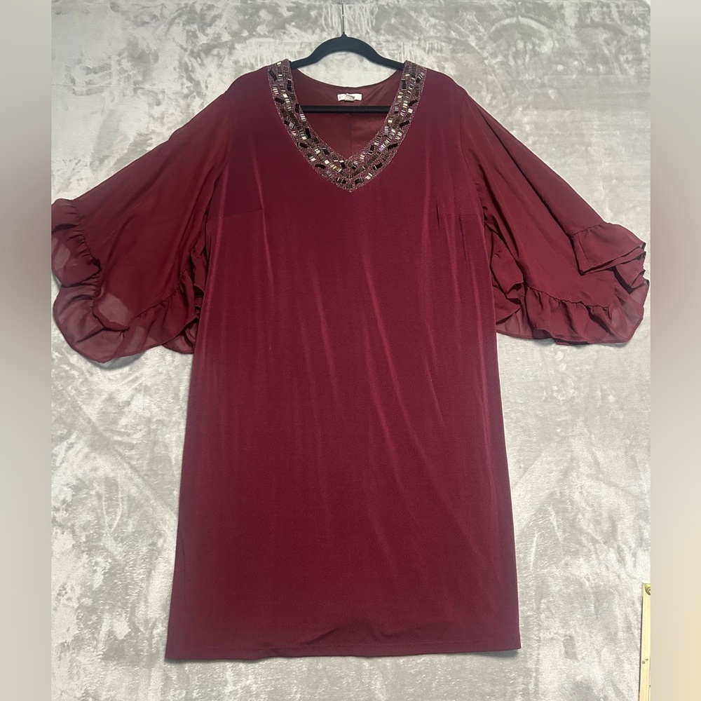 C EST 1946 Cato Flapper Swing Shift Dress Women’s 18/20W Maroon Ruffle Beaded